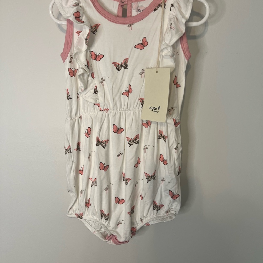 Kyte Baby Bamboo Butterfly Ruffle Bubble Romper 2T Pink White Soft NWT